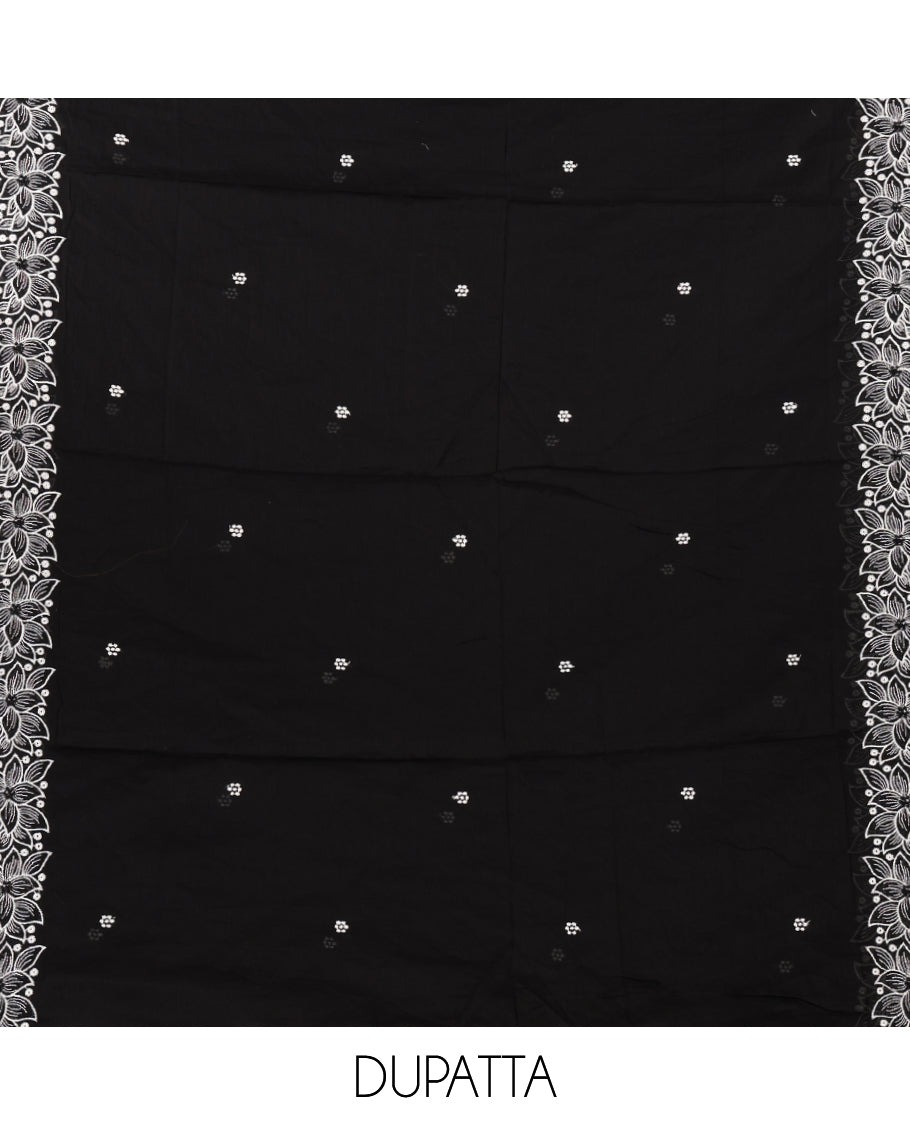 White & black cotton chudidar material set, zig-zag print & neck embroidery top, plain bottom & floral embroidered dupatta