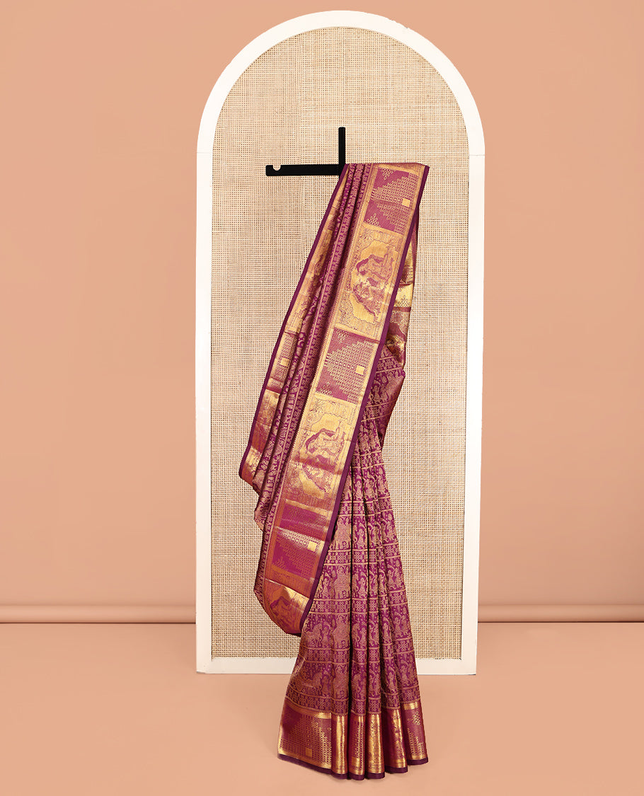Purple Kanchipuram Wedding Silk Saree, Masterfully Woven with Jacquard Design, a Zari Border of Rekku, Muthu, Kuyil Kann, and Wedding-Themed Motifs, Jaal Pallu, and a Matching Blouse