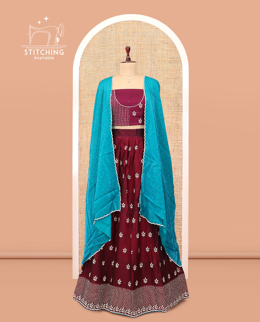 Wine Banarasi Half-Saree, Delicately Woven with Floral Buttas Embroidered Skirt, Embroidered Border, Matching Blouse, and Contrast Scallop Embroidered Dupatta