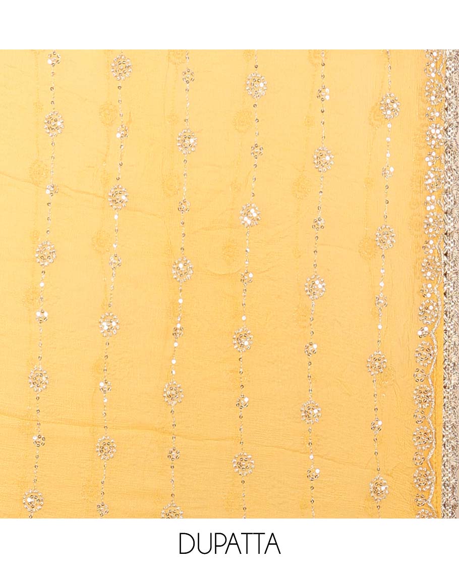 Yellow material chudidhar set, floral print & embroidered top, plain bottom & sequins embroidered dupatta