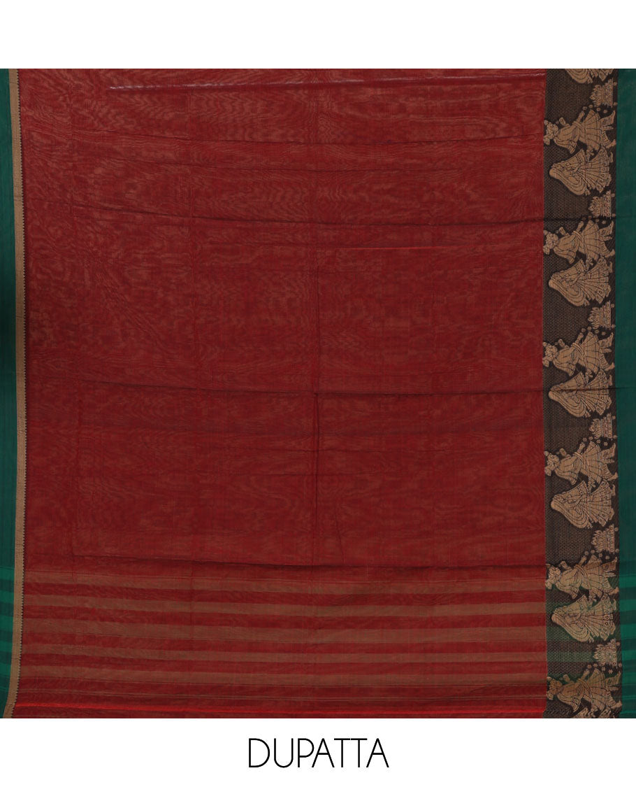 Maroon mercerised cotton material chudidar set, Madhubani-style bride-groom motif woven top, bottom & dupatta