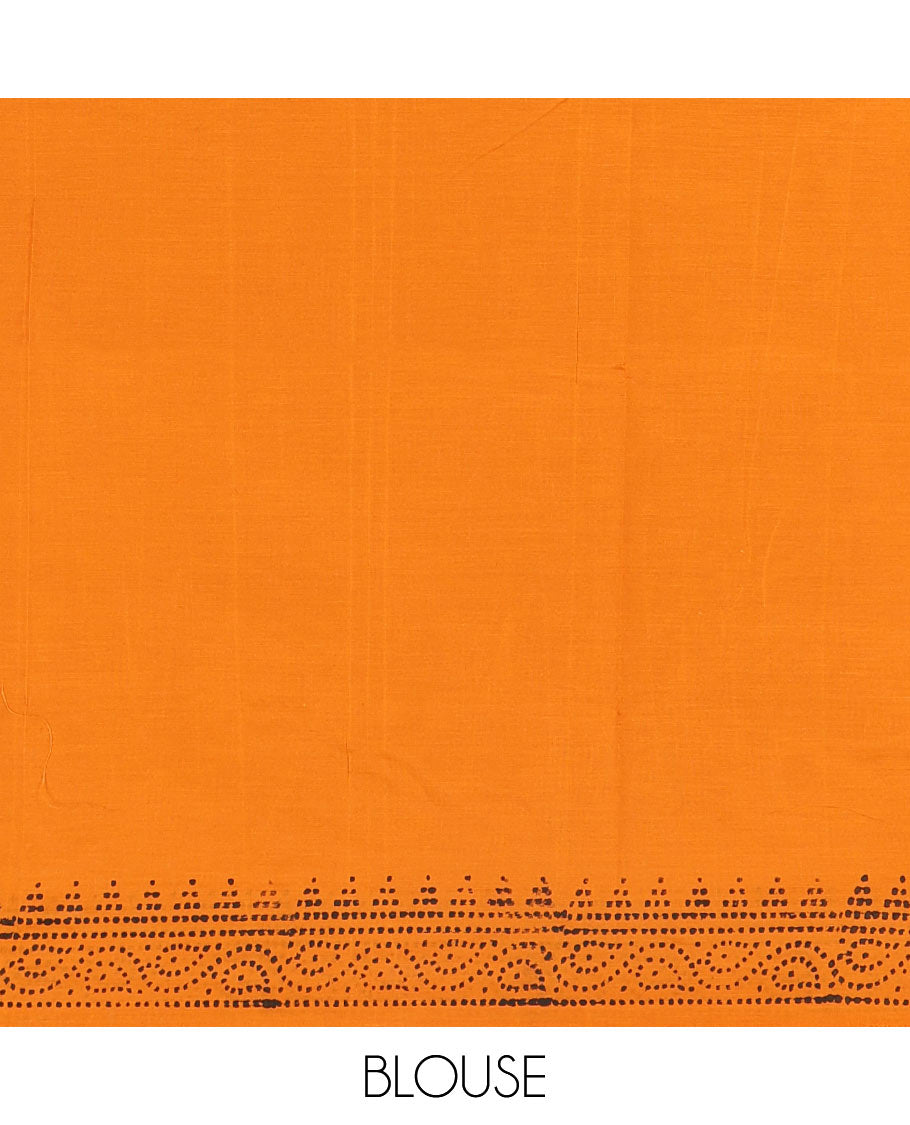 Borderless yellow kolam and kathakali motifs printed South cotton saree with a matching blouse, and a contrast floral vine printed blouse