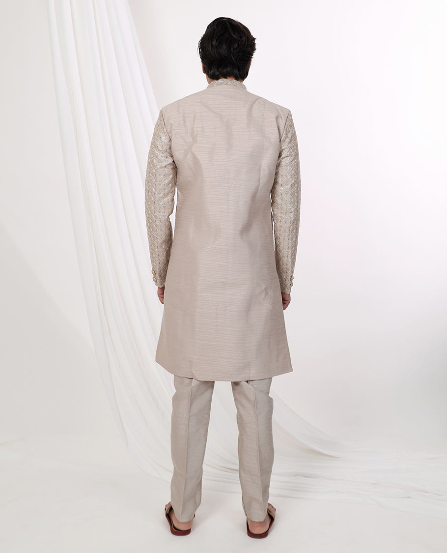 Sandal floral thread embroidery with sequins work mandarin collar & full-sleeve long raw silk kurta