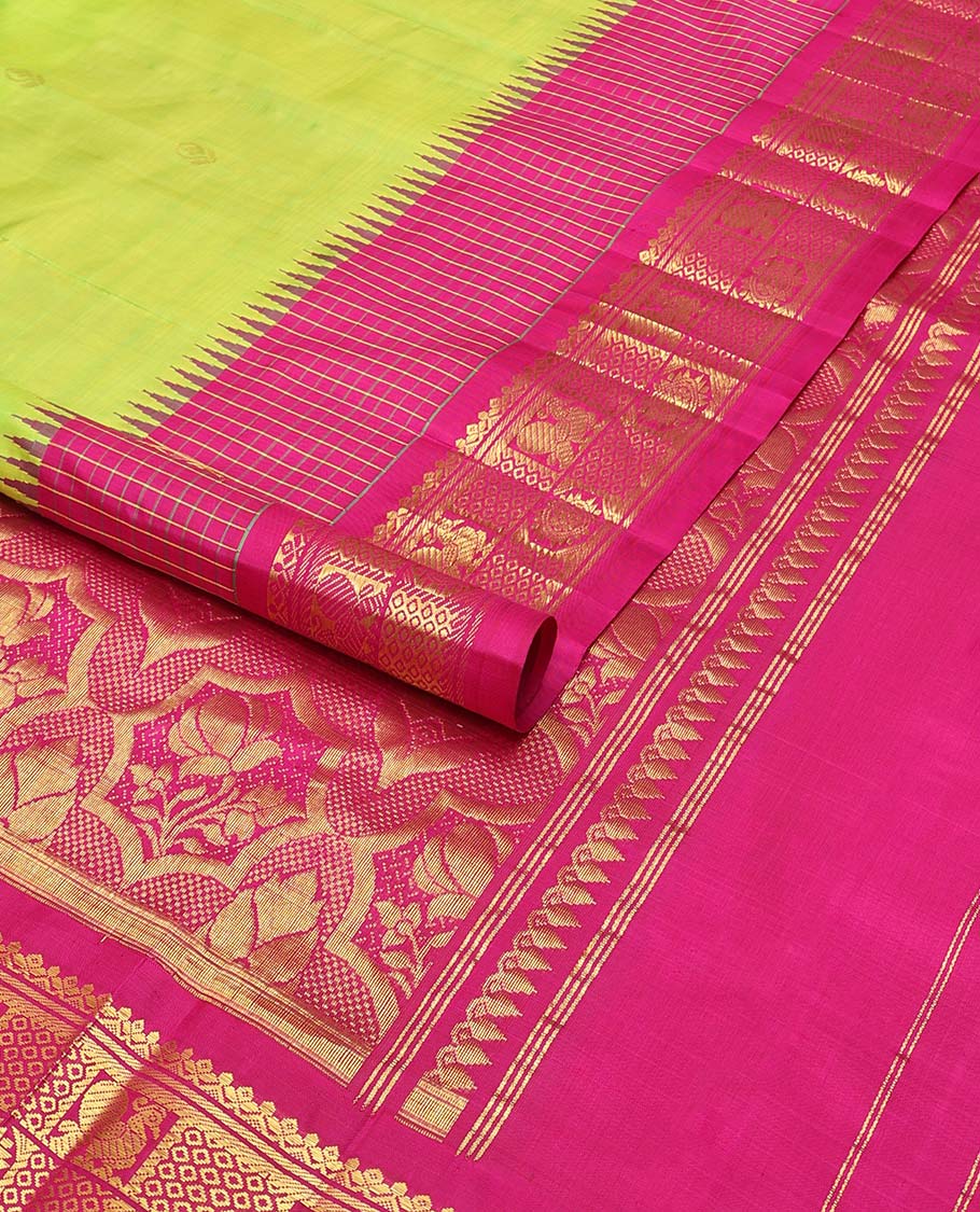 Green floral buttas kancheepuram silk saree with contrast floral design border & intricate zari design pallu