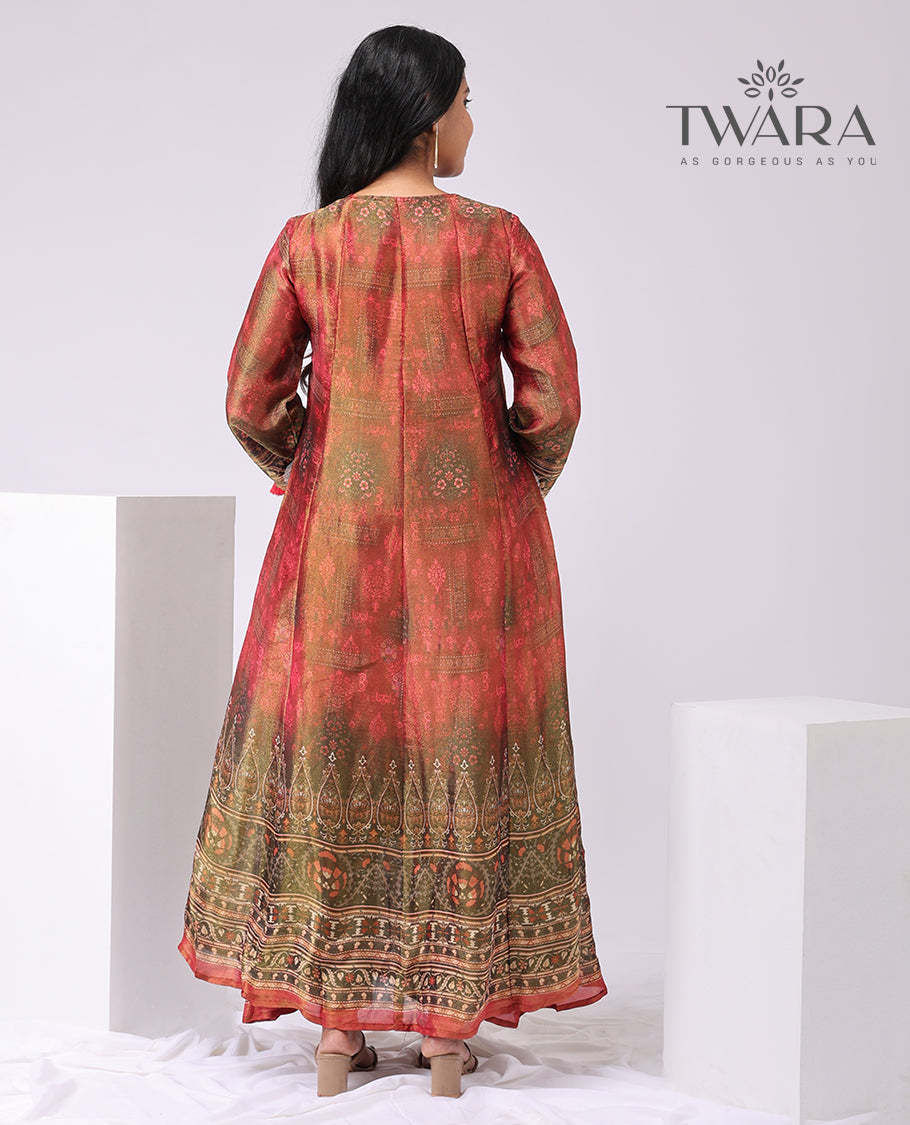 Twara multi-color floral embroidered round , 3/4 th sleeve ,below knee lenght kurti with straigt pants & floral design dupatta