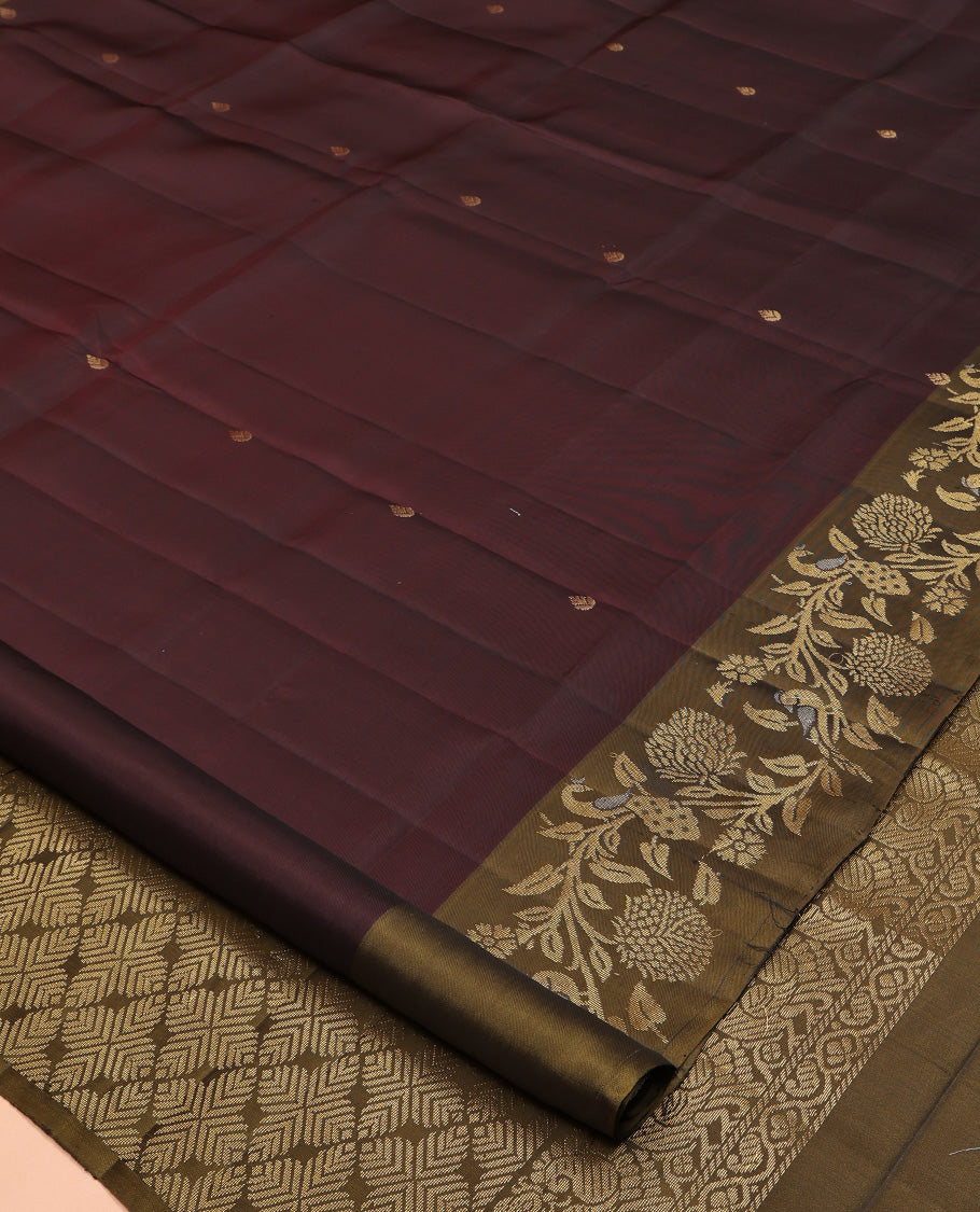 Brown Mayuri Lite Silk Mix Saree, Adorned with Zari Buttas All Over Its Body, Complemented by a Contrast Floral and Peacock Design Border, Pallu of Jaal Designs, and Paired with a Contrast Blouse
