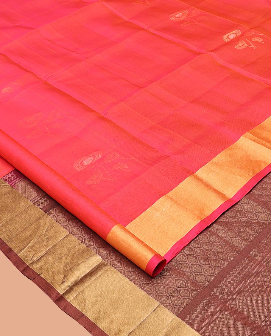 Pink Mayuri Lite Silk Mix Saree, Sparsely Woven with Zari Buttas on Its Body, Highlighted by Zari Bavanji Border, Complemented by a Contrast Pallu of Intricate Designs, and Paired with a Contrast Blouse
