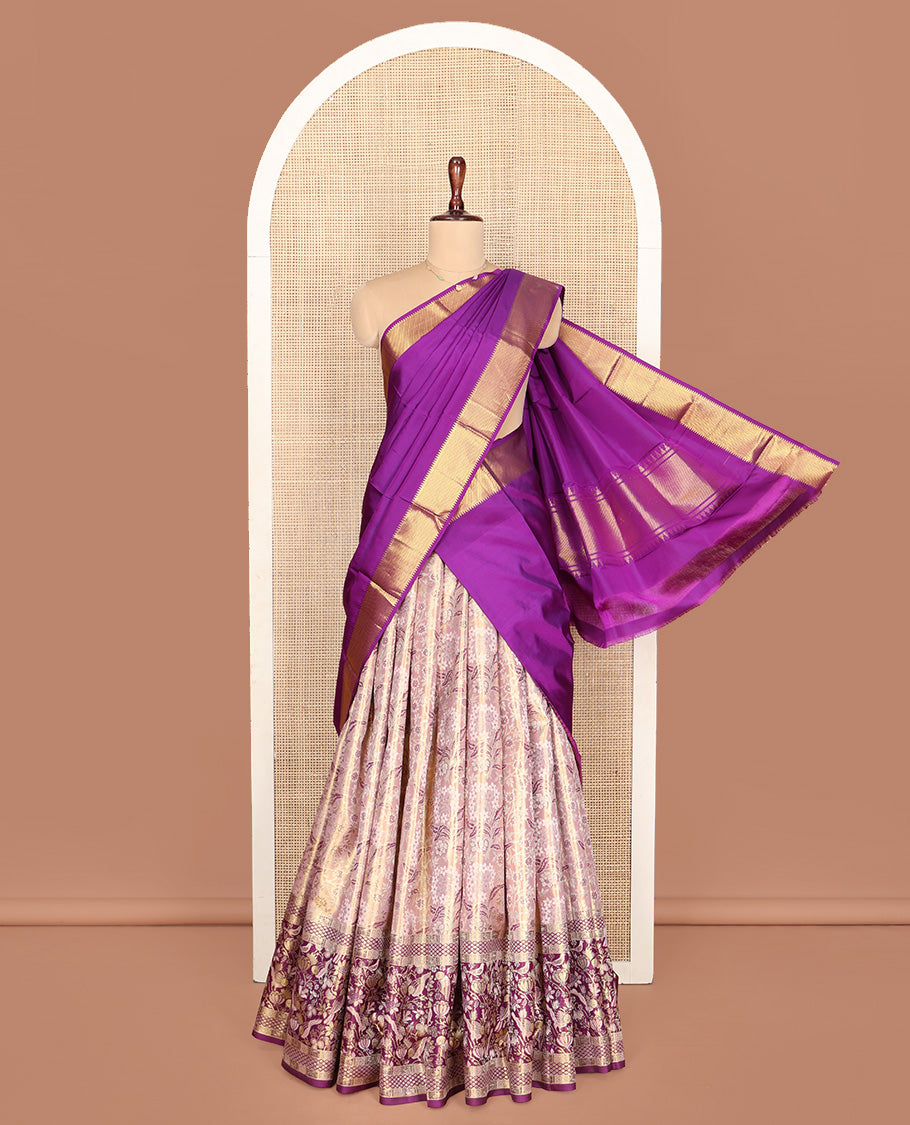 Pink Pure Silk Half-Saree, Woven with Floral Jacquard All Over Its Skirt, Complemented by a Contrast Border of Meenakari Floral and Bird Designs, Paired with a Contrast Blouse, and Comes with a Gleaming Zari Dhavani