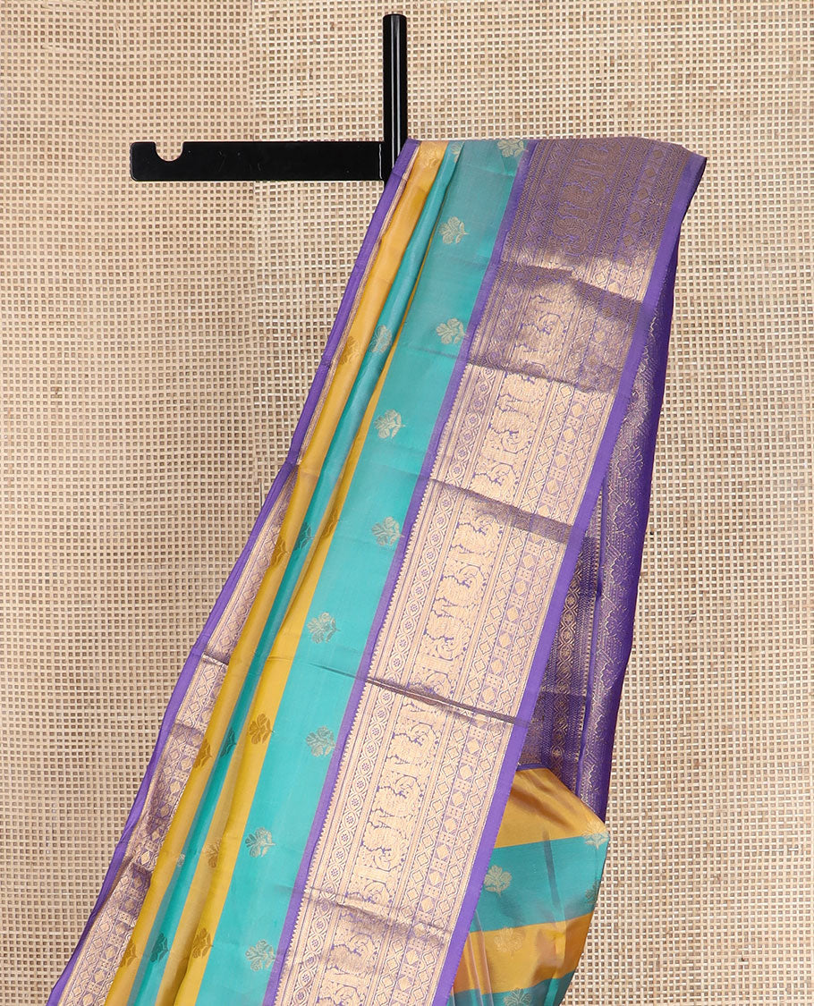Yellow-blue striped & zari design vasundhara silkmix saree, contrast floral pallu & border of rekku,muthu,kathir & mayil