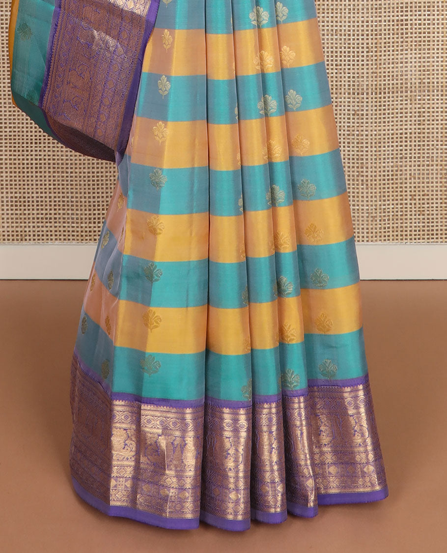Yellow-blue striped & zari design vasundhara silkmix saree, contrast floral pallu & border of rekku,muthu,kathir & mayil