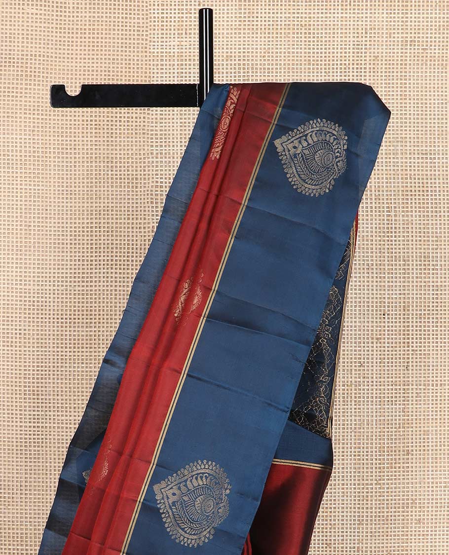 Red zari buttas silk mix saree, contrast zari buttas border & zari-rich intricate jaal pallu