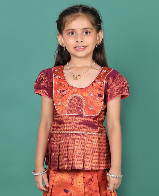 Orange readymade art silk pavadai set, jacquard with contrast traditional zari border skirt,