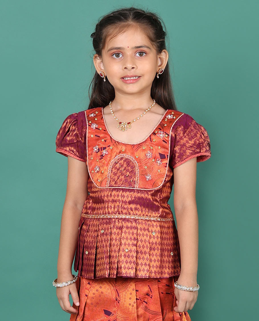 Orange readymade art silk pavadai set, jacquard with contrast traditional zari border skirt,