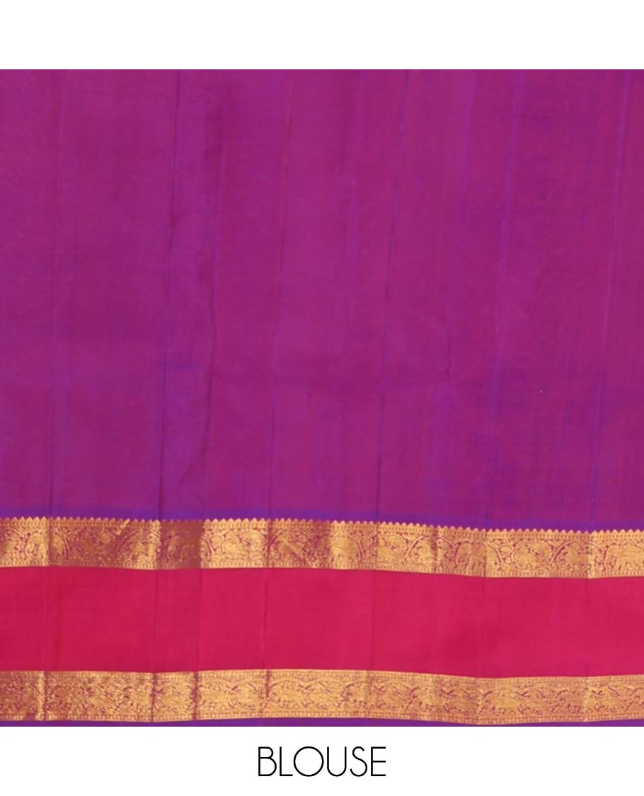 Maroon dual-tone mayil poun buttas Kanchipuram silk saree, contrast rettai pettu border of rekku, neli, mayil, and yaanai, designs, and jaal pallu