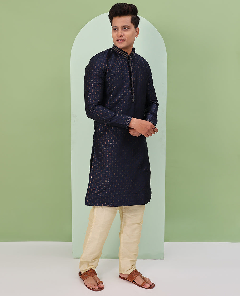 Dark blue antique golden color buttas, and neck embroidered full-sleeved readymade kurta