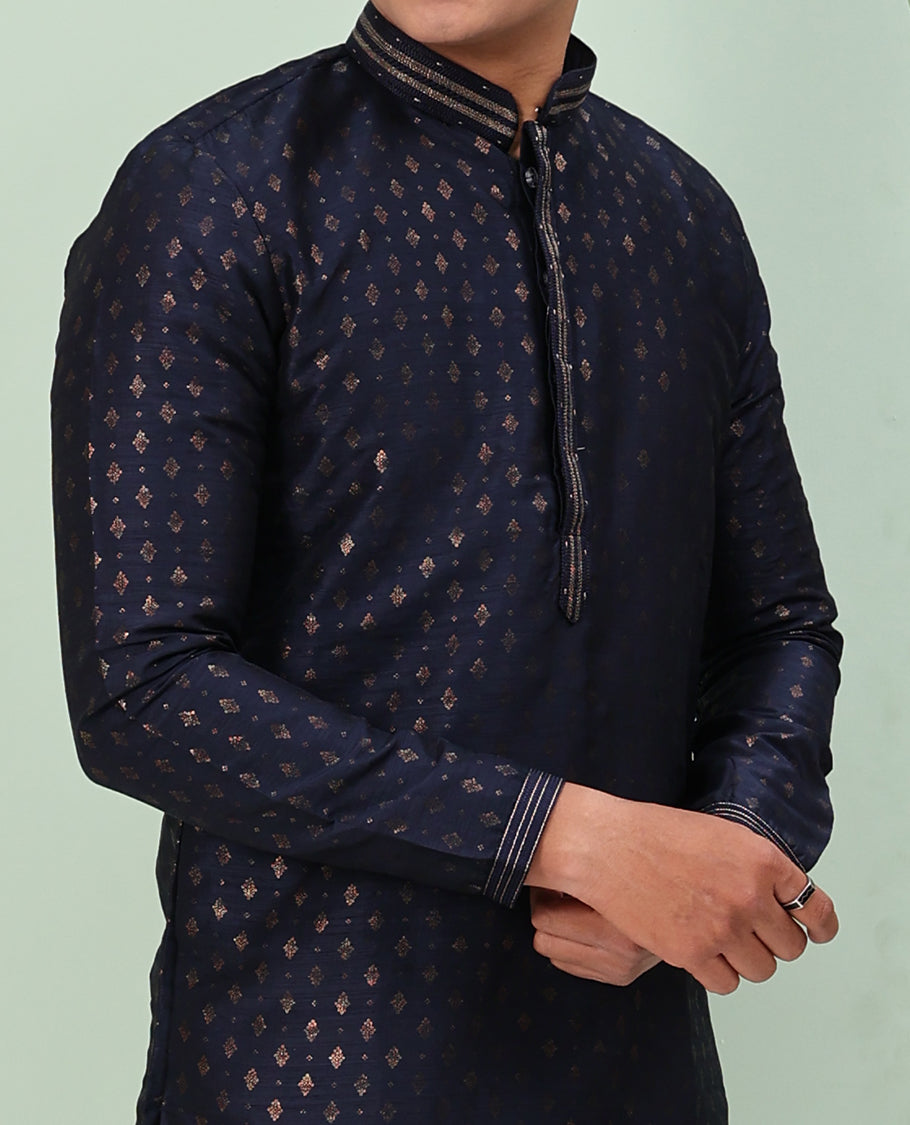 Dark blue antique golden color buttas, and neck embroidered full-sleeved readymade kurta