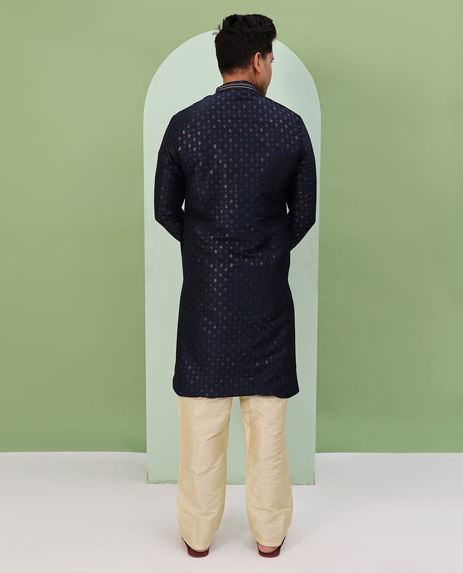 Dark blue antique golden color buttas, and neck embroidered full-sleeved readymade kurta