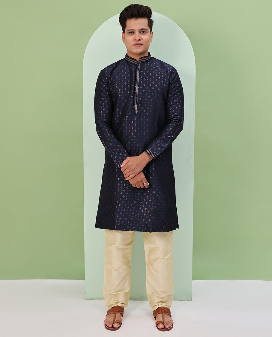 Dark blue antique golden color buttas, and neck embroidered full-sleeved readymade kurta