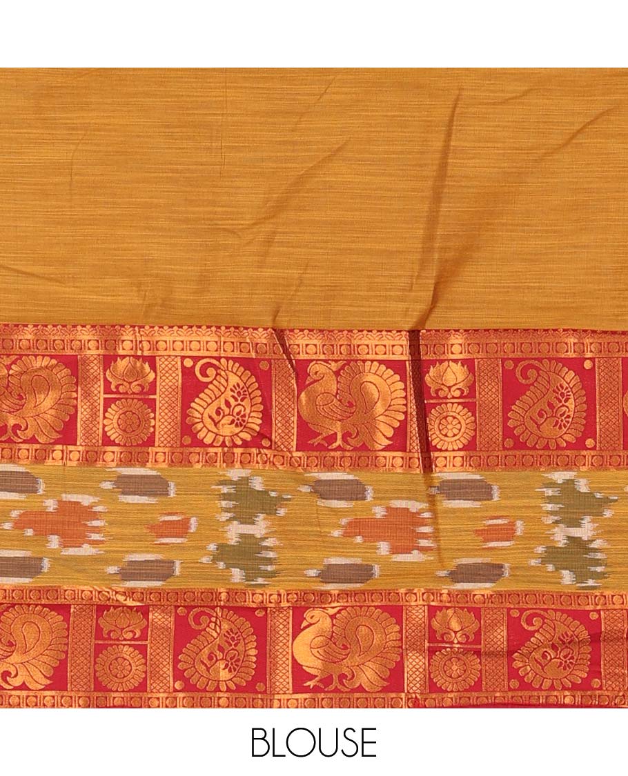 Mustard lehenga set, contrast traditional zari, and ikkat border skirt, matching blouse, and contrast zari bordered plain dhavani