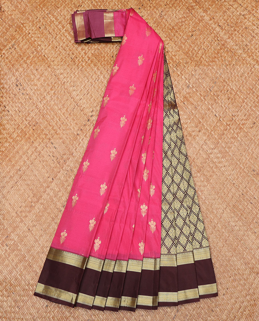 Pink Budget Silk Saree, Gleamed Up with Zari Buttas All Over Its Body, Complemented by a Contrast Traditional Zari Design Woven Rettai Pettu Border, Majestically Detailed Pallu of Jaal Designs, and Paired with a Contrast Blouse