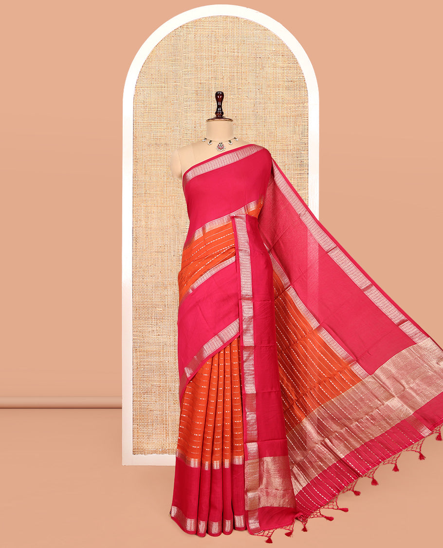 Orange Assam Silk Saree, Embellished with Zari Stripes, Complemented by a Contrast Zari Traditional Border, Zari-Striped Pallu, and a Contrast Blouse