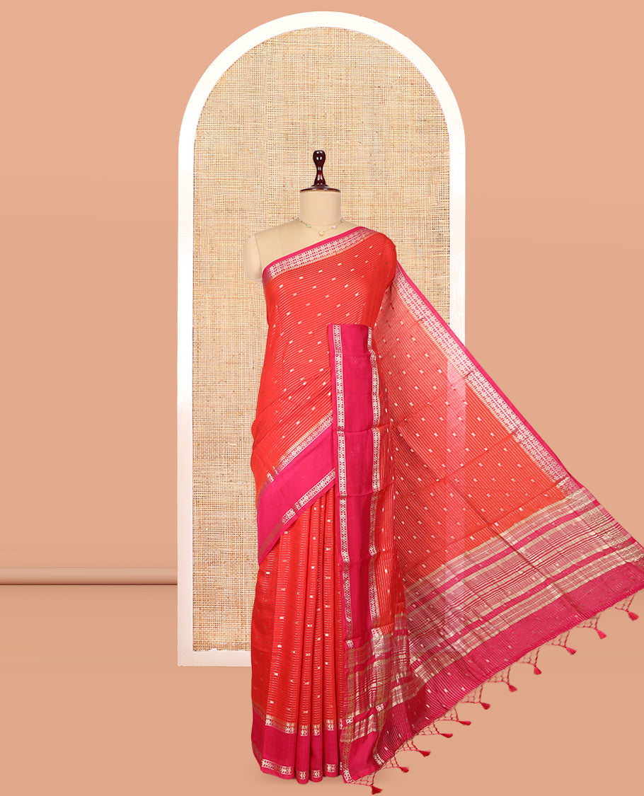 Red Assam Silk Saree, Crafted with Zari Buttas and Stripes, Complemented by Contrast Zari Border, Zari Woven Pallu, and Contrast Blouse