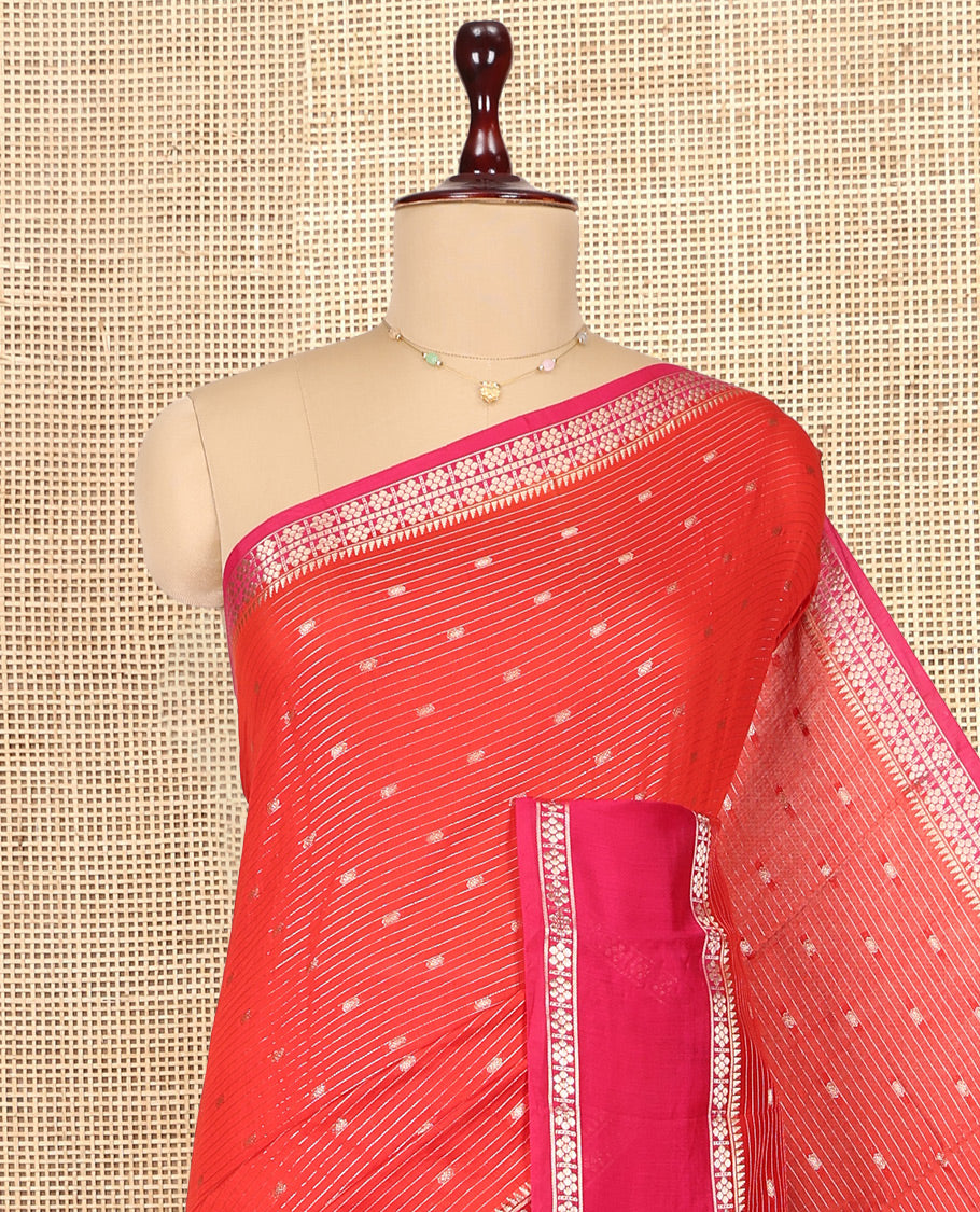 Red Assam Silk Saree, Crafted with Zari Buttas and Stripes, Complemented by Contrast Zari Border, Zari Woven Pallu, and Contrast Blouse