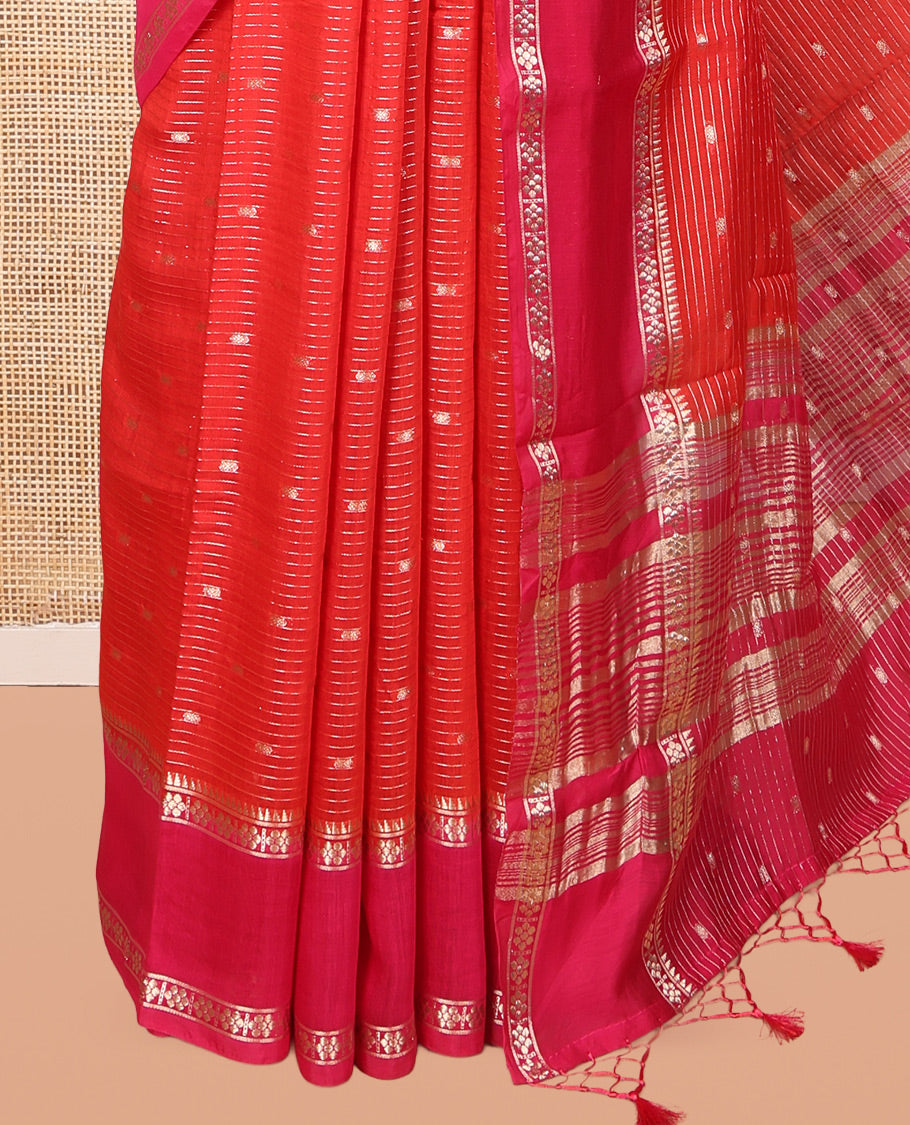 Red Assam Silk Saree, Crafted with Zari Buttas and Stripes, Complemented by Contrast Zari Border, Zari Woven Pallu, and Contrast Blouse