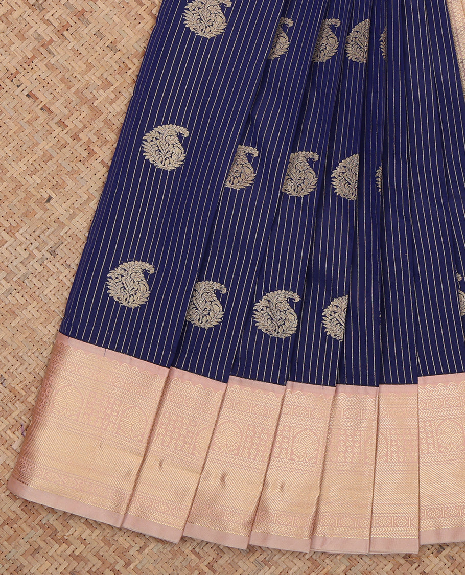 Navy Blue Budget Silk Saree, Featuring Zari Buttas and Stripes, Complemented by a Contrast Traditional Zari Border, Grand Jaal Pallu, and Contrast Blouse