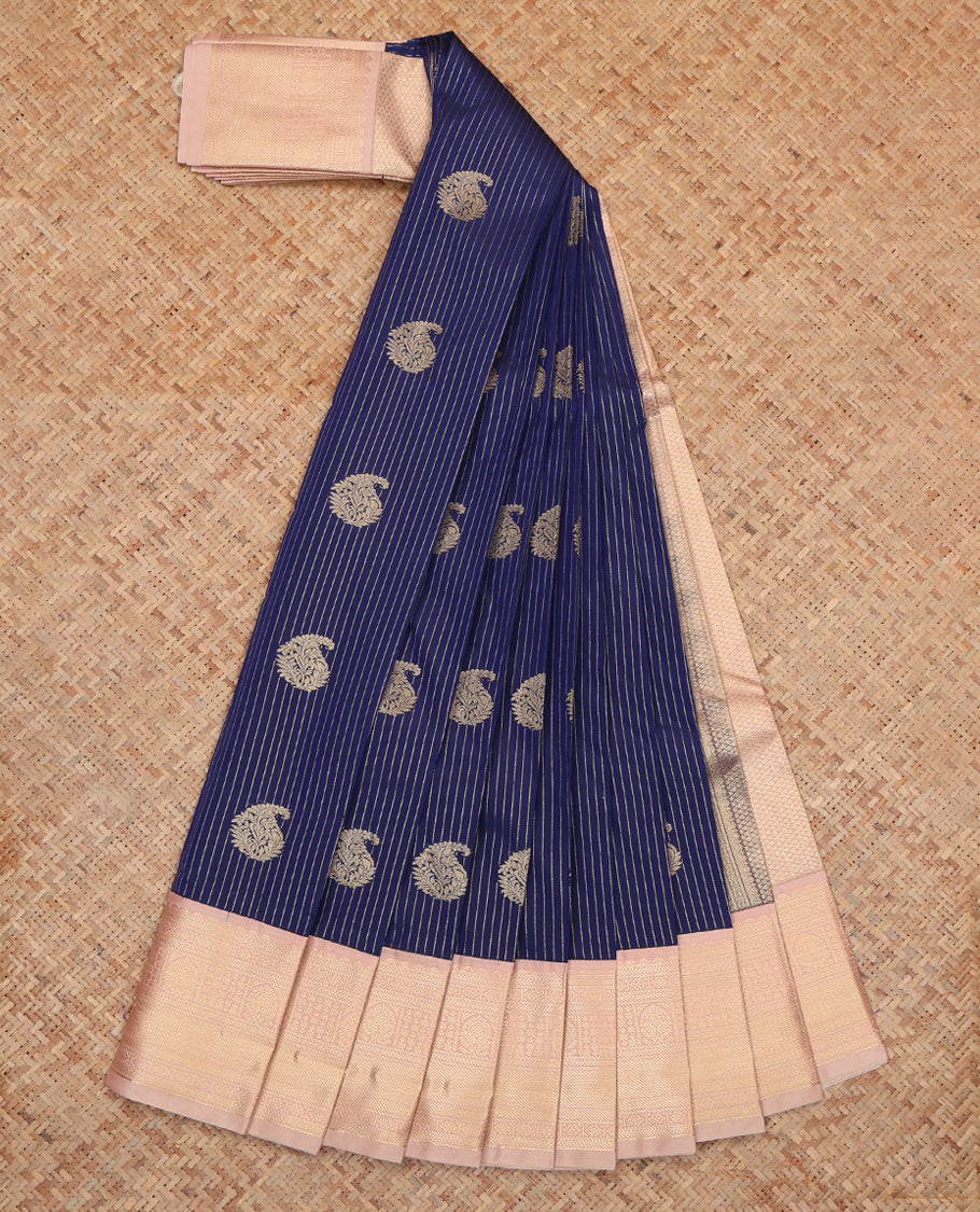 Navy Blue Budget Silk Saree, Featuring Zari Buttas and Stripes, Complemented by a Contrast Traditional Zari Border, Grand Jaal Pallu, and Contrast Blouse