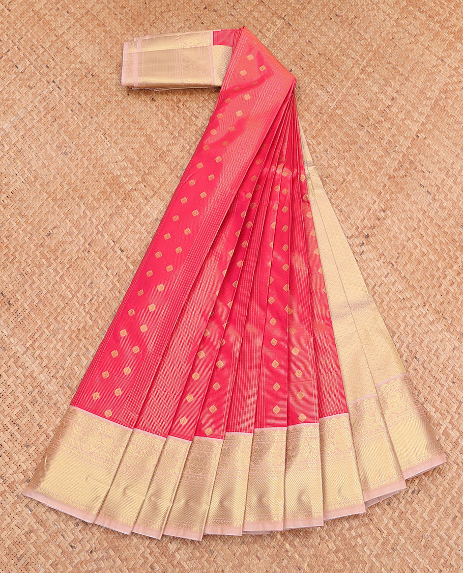 Pink Budget Silk Saree, Gracefully Embellished with Zari Buttas and Checks, Complemented by a Contrast Traditional Zari Border, Jaal Pallu, and Contrast Blouse