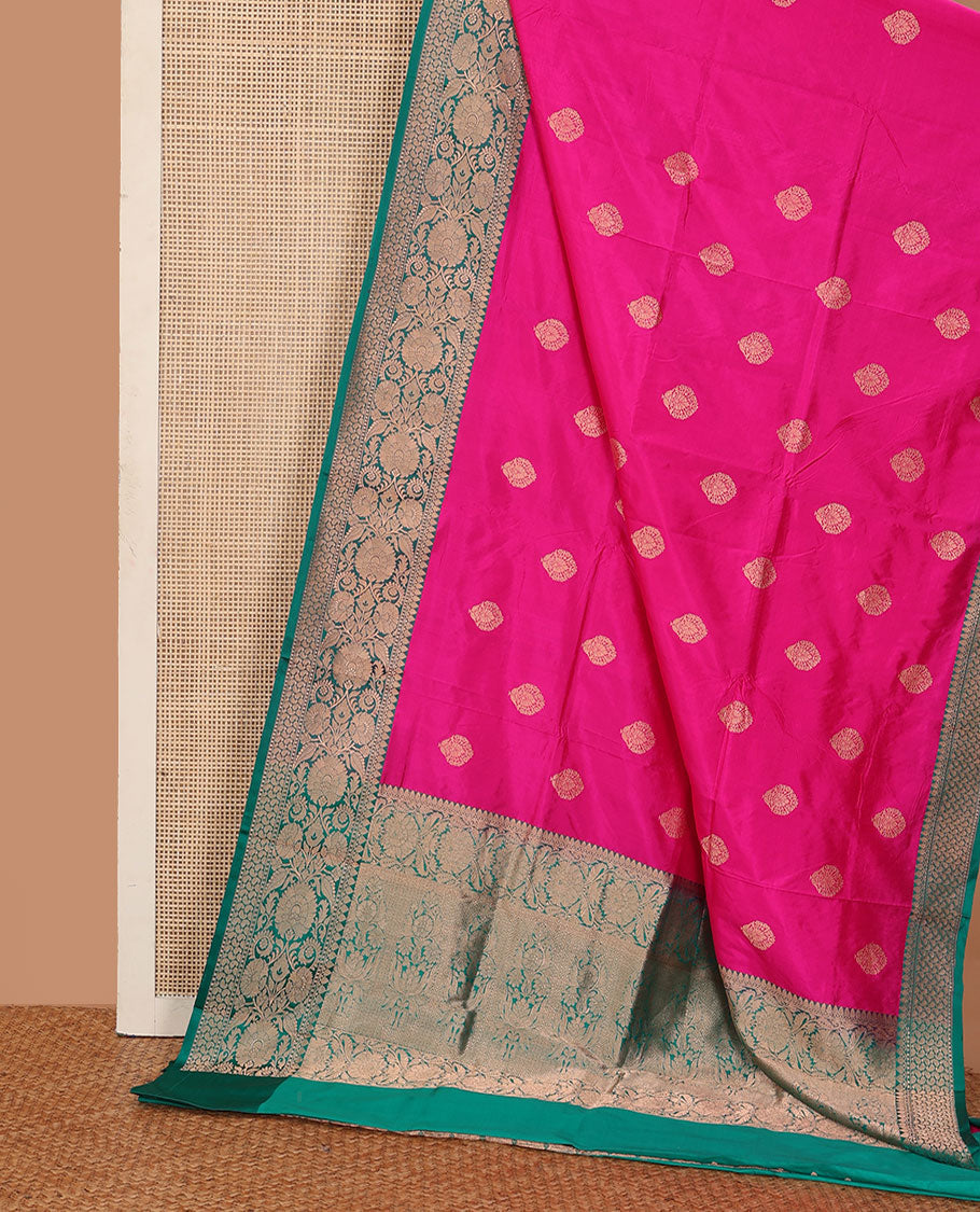 Dark pink zari buttas katan silk saree, contrast border and pallu of Mughal style zari designs