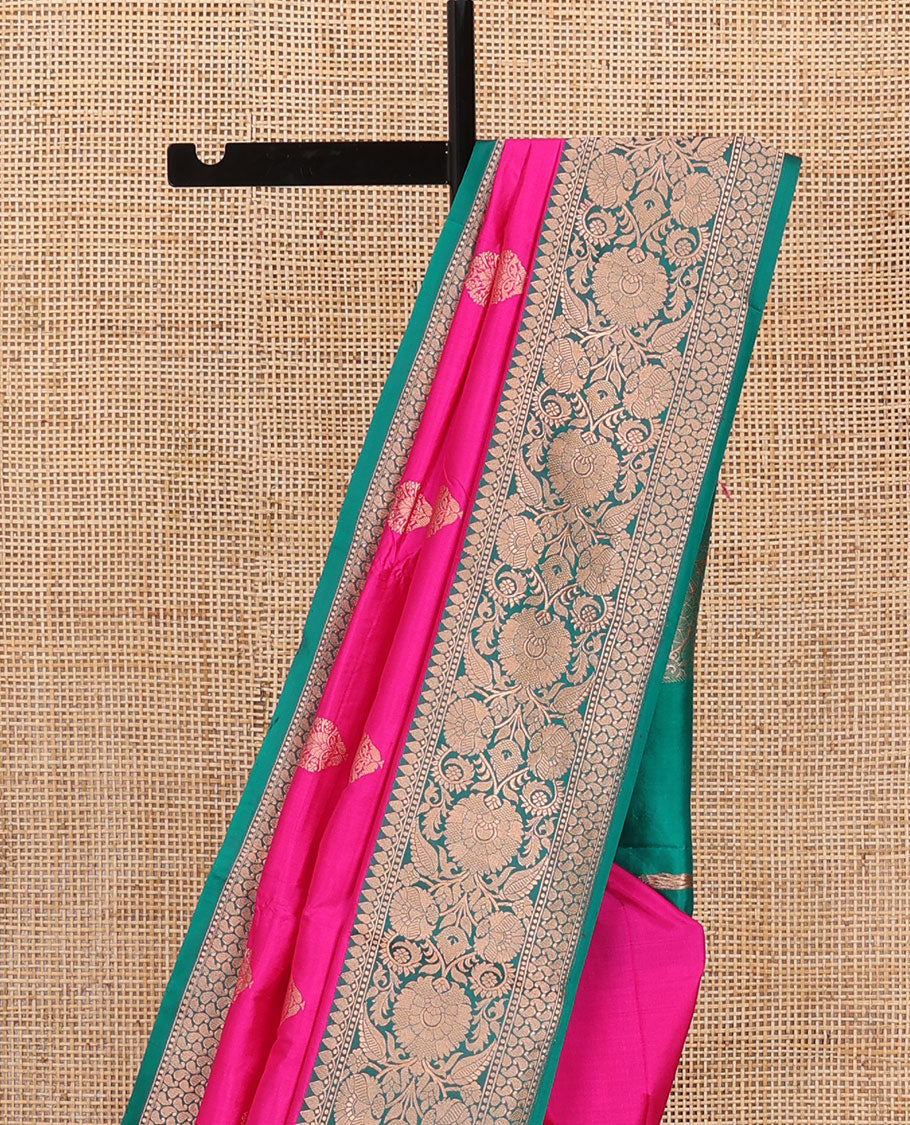 Dark pink zari buttas katan silk saree, contrast border and pallu of Mughal style zari designs