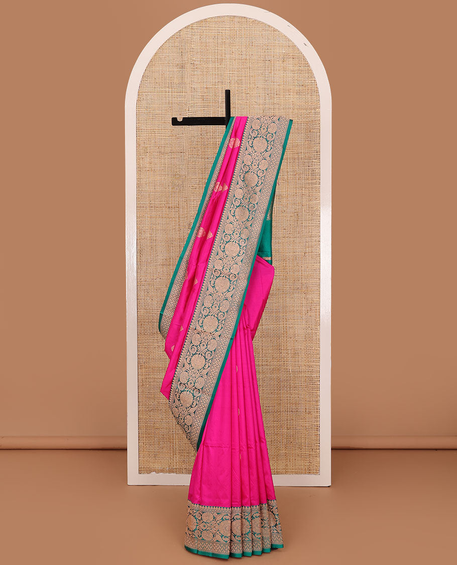 Dark pink zari buttas katan silk saree, contrast border and pallu of Mughal style zari designs