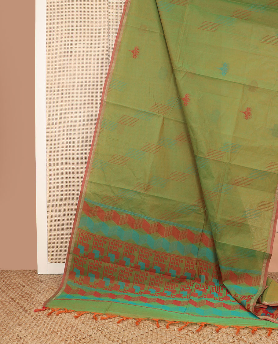 Green buttas coimbatore cotton saree, contrast piping border, and pallu of geometric patterns