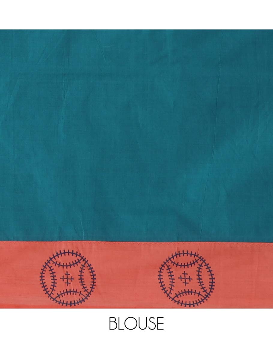 Peach block printed style buttas poly cotton saree, contrast printed border, and pallu of butta enclosed jaal design