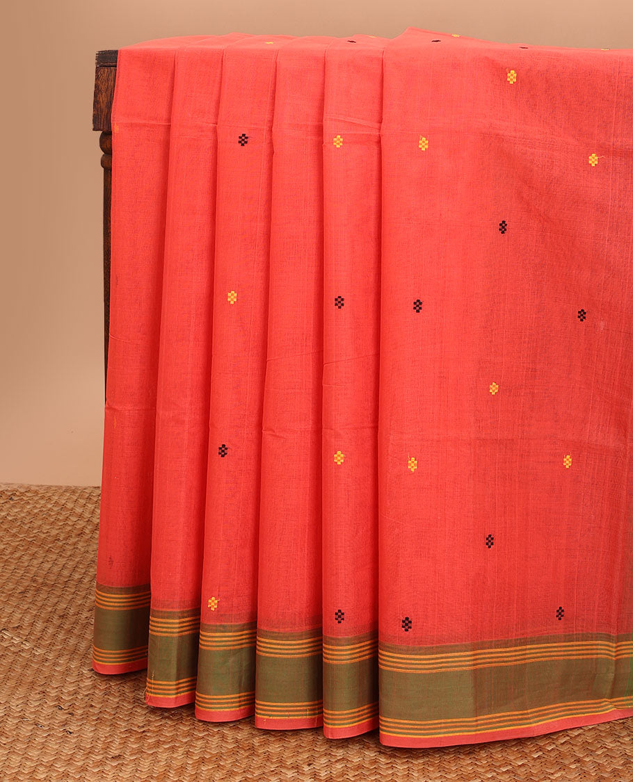 Orange geometric design coimbatore cotton saree with contrast striped border & striped, motifs pallu