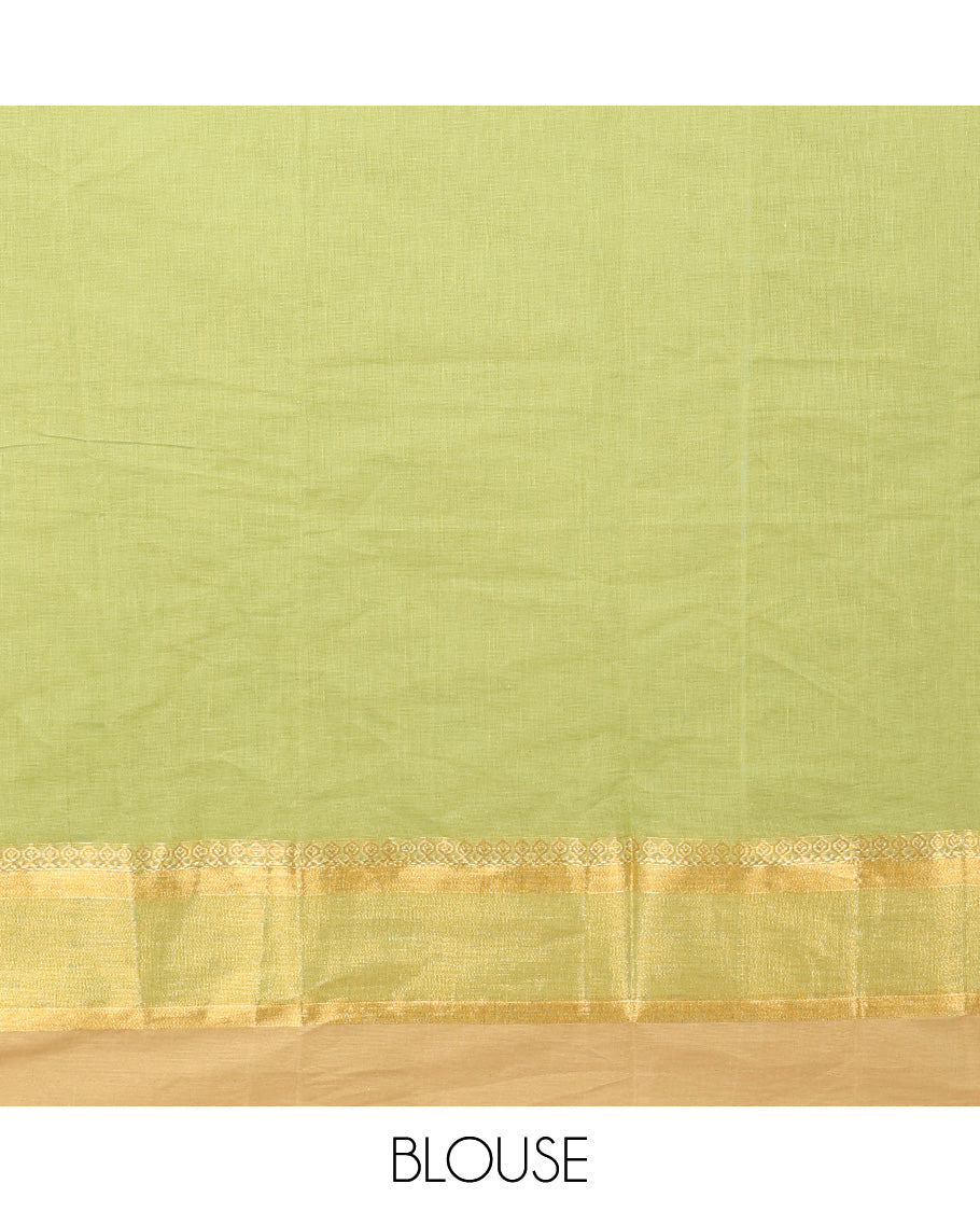 Parrot green buttas kanchi cotton saree, contrast thread and zari paisley border, and pallu of chevron and leaf motifs