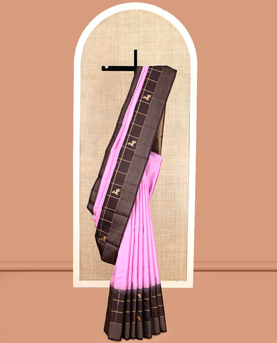 Pink Striped Kanchipuram Silk Saree, Complemented by Contrast Maan Butta Enclosed Checked Border, Jaal Pallu, and a Contrast Blouse