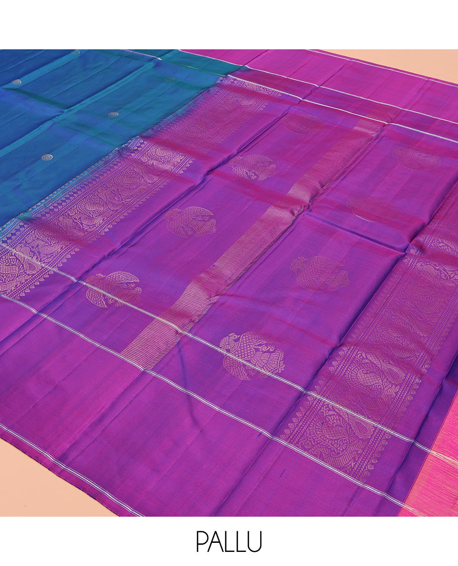 Blue Kanchipuram Silk Saree, Prettified with Chakram and Pakshi Buttas, Complemented by a Contrast Border, Iruthalai Pakshi Motif Woven Pallu, and a Contrast Blouse
