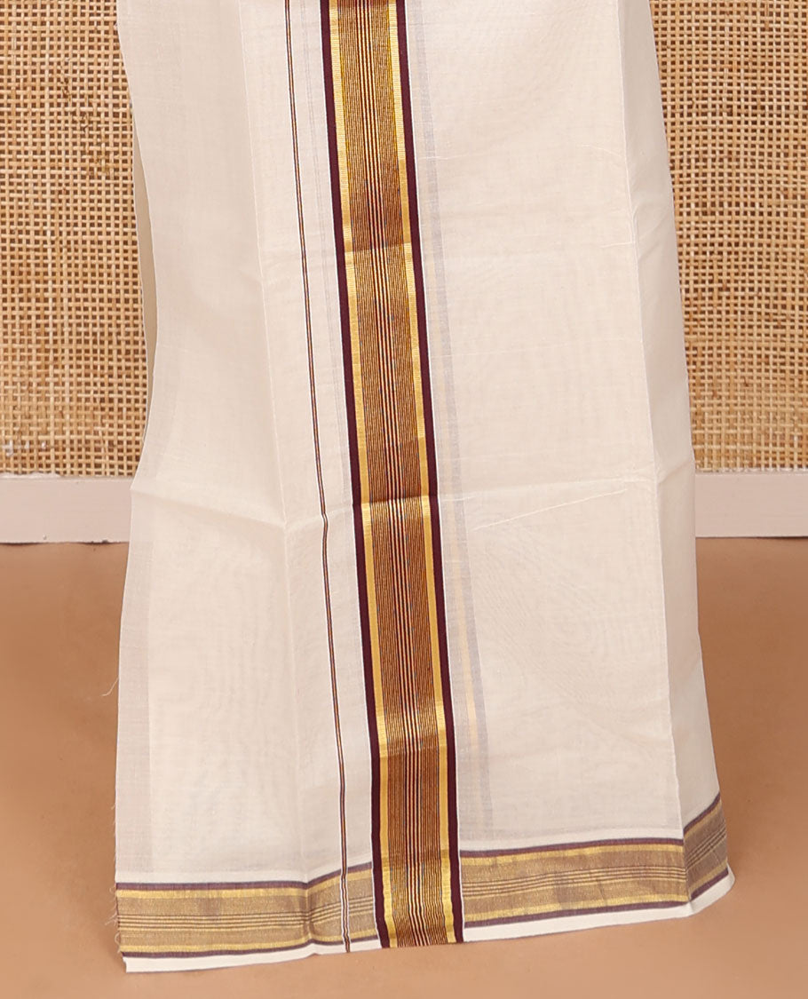 Cream plain Kerala mundu set, contrast striped border