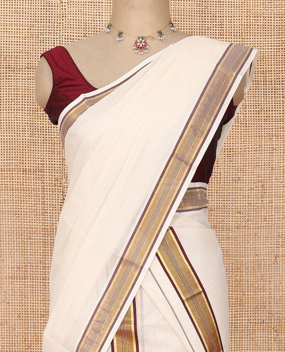 Cream plain Kerala mundu set, contrast striped border
