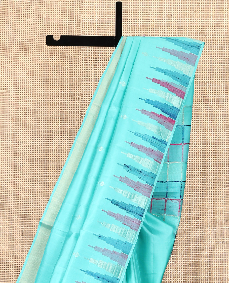Blue Mayuri Soft Silk Saree, Sparsely Woven with Buttas All Over Its Body, Highlighted by Temple Border, Pallu of Colorful Checks, and Paired with a Matching Blouse