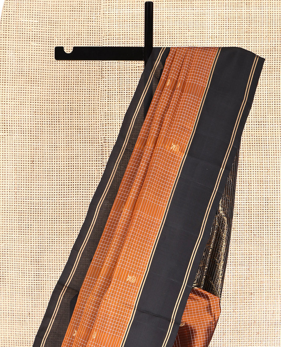 Orange Mayuri Lite Silk Mix Saree, Gleamed Up with Buttas and Checks, Complemented by Contrast Border, Floral Design Pallu, and Contrast Blouse