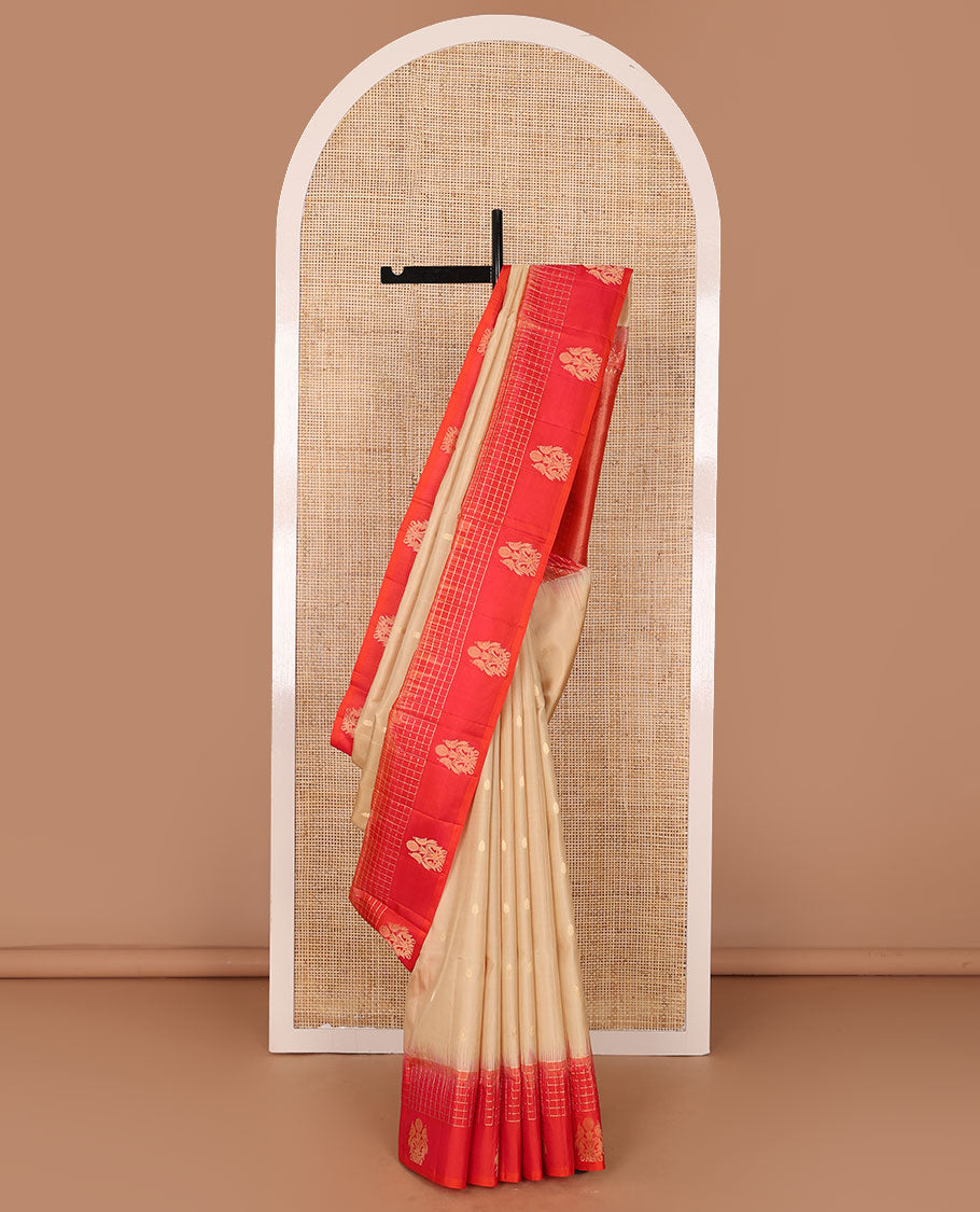 Sandal zari buttas soft silk saree, contrast checked border of mayil designs & pallu of geometric design