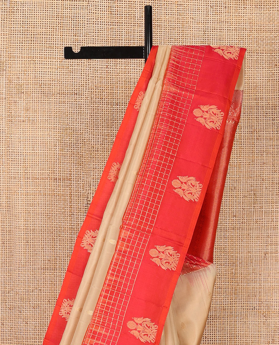 Sandal zari buttas soft silk saree, contrast checked border of mayil designs & pallu of geometric design