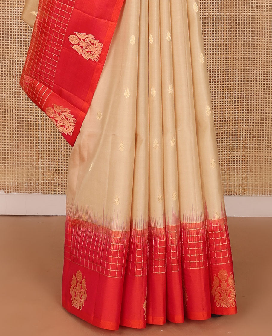 Sandal zari buttas soft silk saree, contrast checked border of mayil designs & pallu of geometric design
