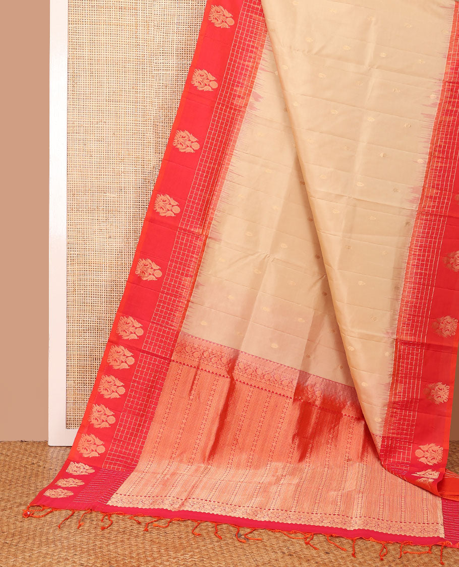 Sandal zari buttas soft silk saree, contrast checked border of mayil designs & pallu of geometric design