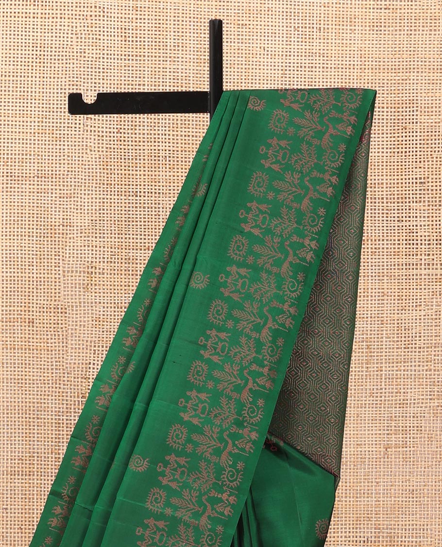 Green warli buttas soft silk saree, zari border decked up with warli motifs & geometric patterned pallu