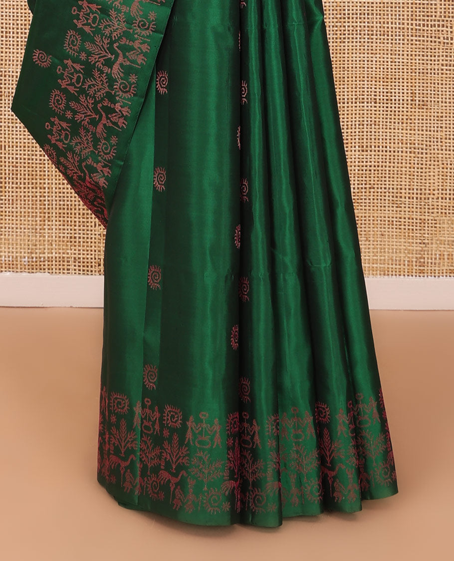 Green warli buttas soft silk saree, zari border decked up with warli motifs & geometric patterned pallu